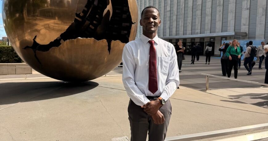 Steven Muleme outside United Nations Headquarters in New York after attending the UN LGBTI Core Group meeting